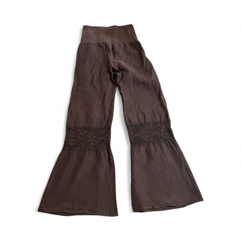 Yogi Brown high waisted Wide Leg crochet inlay 100% linen Pants size medium
